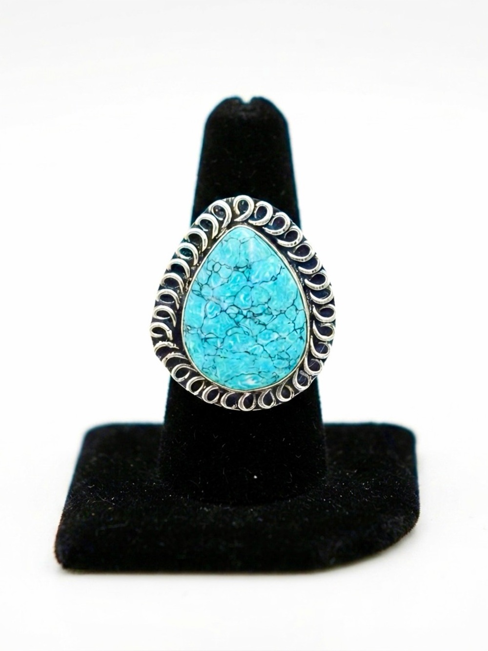New 925 Sterling Silver Blue Turquoise Artisten Tear Drop Shaped Boho Ring